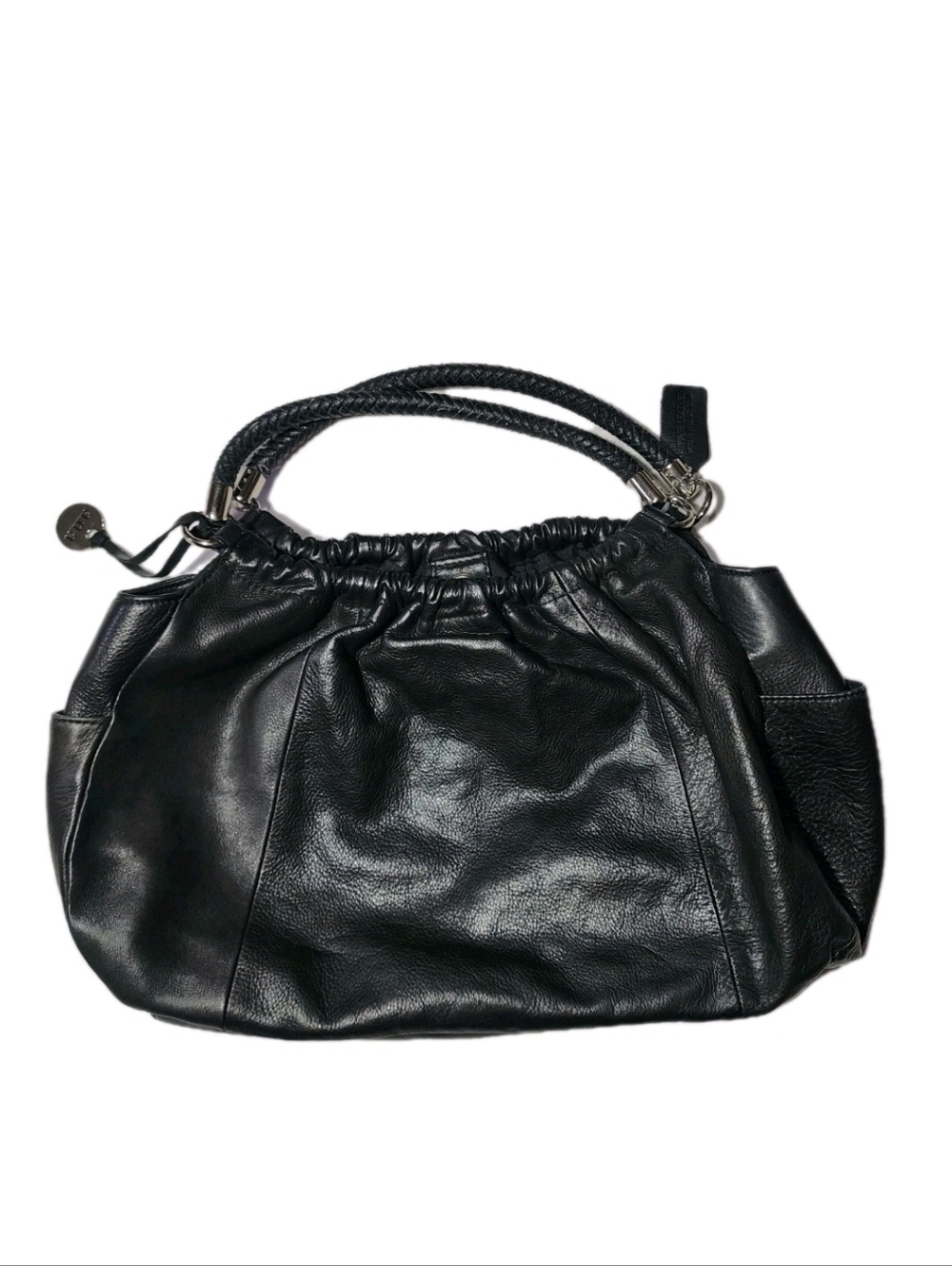a.n.a. Black Genuine Leather Purse Bag Braided Handles ana Hobo Satchel Chrome